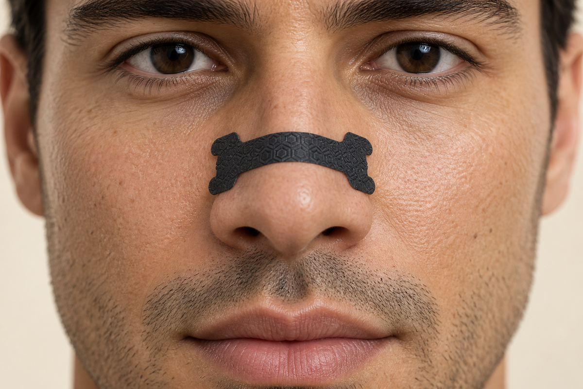 Imagen ilustrativa de una tira nasal negra colocada sobre la nariz