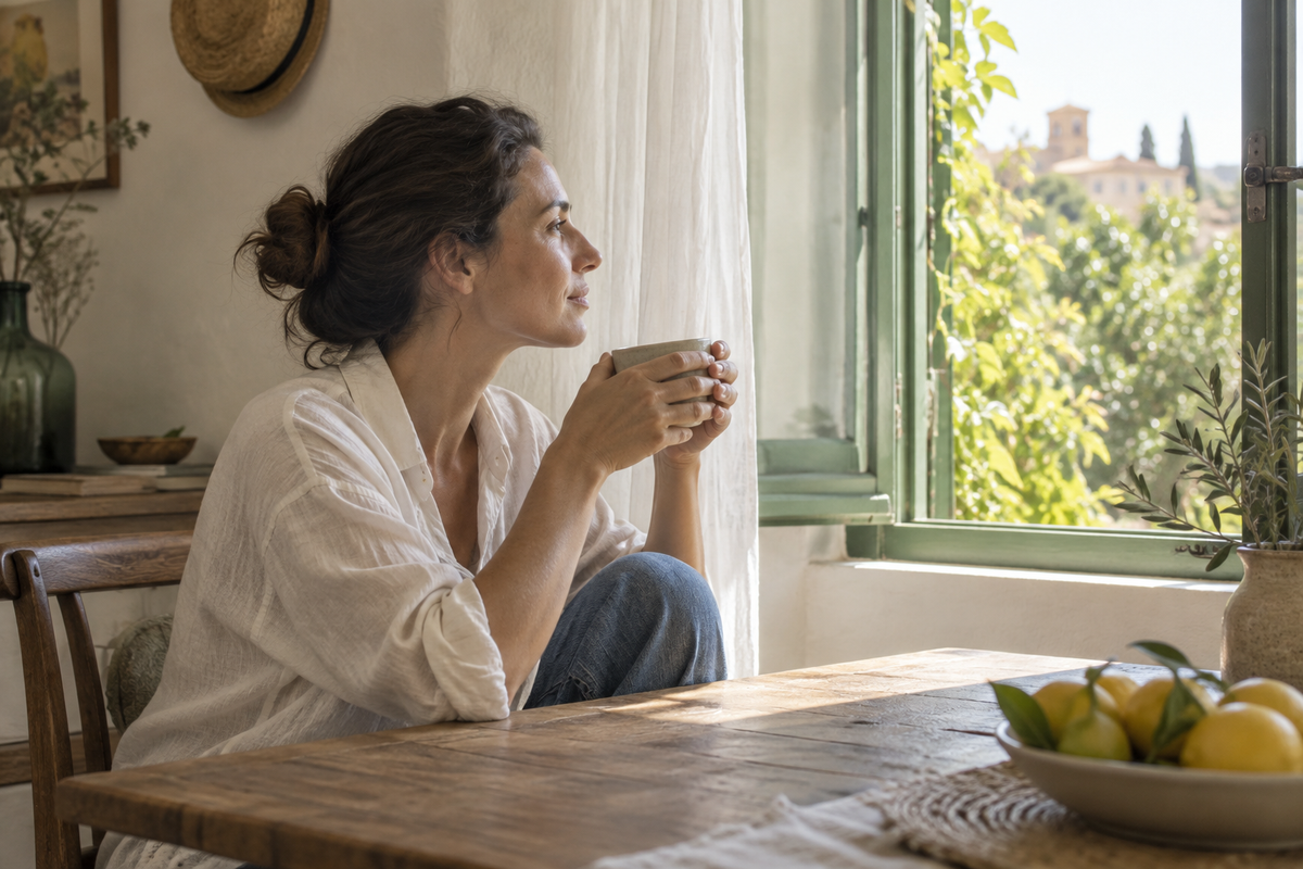 Escena de ambiente: un momento de descanso en casa con luz natural