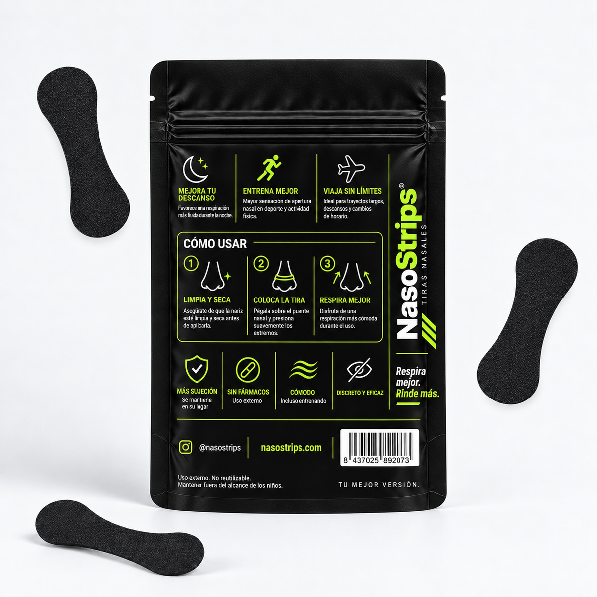 NasoStrips SPORT: reverso del envase e información del producto