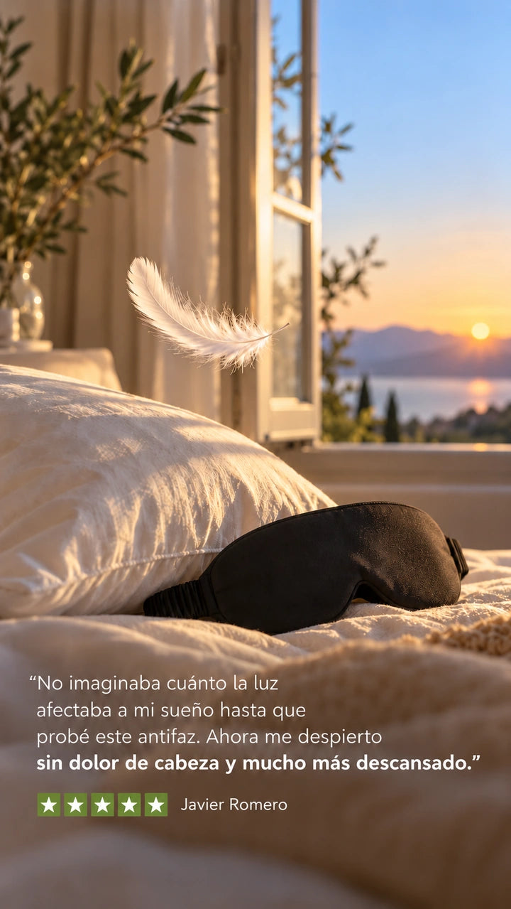 Antifaz NasoStrips sobre la cama e imagen con una opinión aportada por la marca