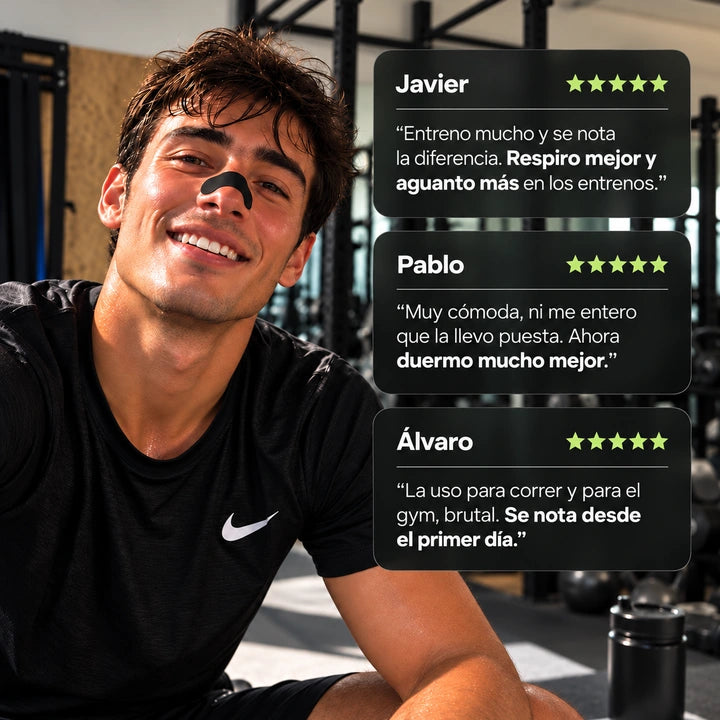 NasoStrips SPORT: imagen de uso durante el deporte con opiniones aportadas por la marca